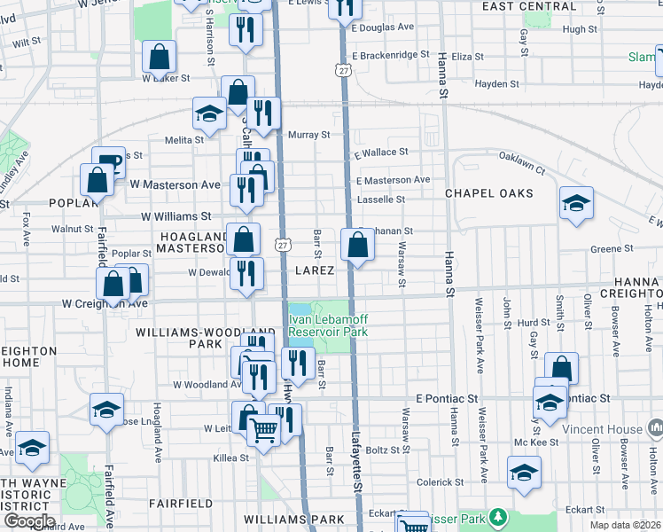 map of restaurants, bars, coffee shops, grocery stores, and more near 317 East Dewald Street in Fort Wayne