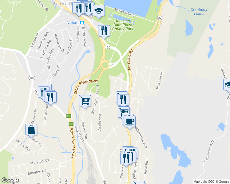 map of restaurants, bars, coffee shops, grocery stores, and more near 3 Intervale Avenue in White Plains