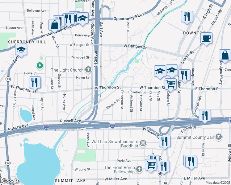 map of restaurants, bars, coffee shops, grocery stores, and more near 789 Boulevard Street in Akron