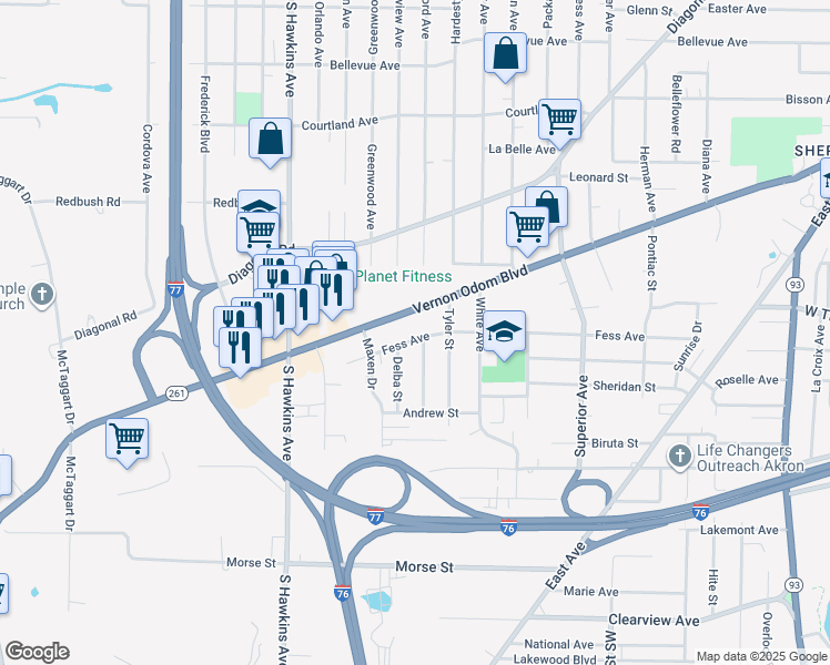map of restaurants, bars, coffee shops, grocery stores, and more near 1091 Fess Avenue in Akron