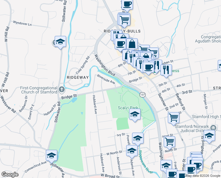 map of restaurants, bars, coffee shops, grocery stores, and more near 125 Bridge Street in Stamford