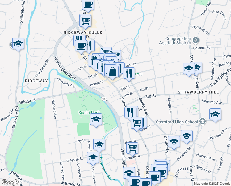 map of restaurants, bars, coffee shops, grocery stores, and more near 1862 Summer Street in Stamford