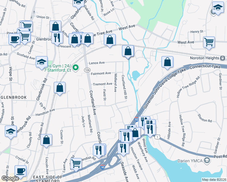 map of restaurants, bars, coffee shops, grocery stores, and more near 40 Midland Avenue in Stamford