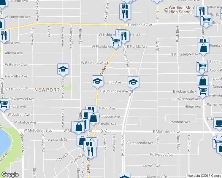 map of restaurants, bars, coffee shops, grocery stores, and more near 36 East Auburndale Avenue in Youngstown