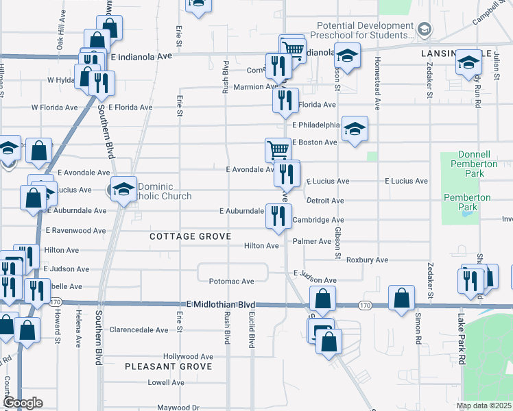 map of restaurants, bars, coffee shops, grocery stores, and more near 358 East Auburndale Avenue in Youngstown