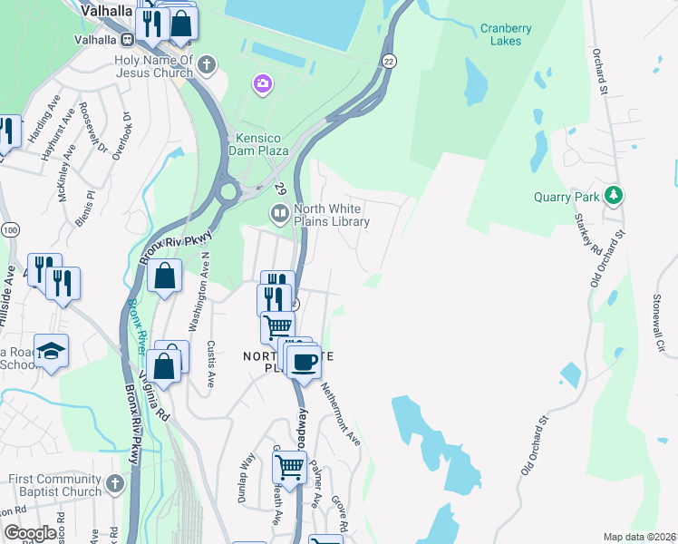 map of restaurants, bars, coffee shops, grocery stores, and more near 128 Nethermont Avenue in White Plains