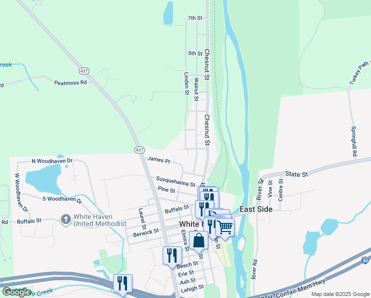 map of restaurants, bars, coffee shops, grocery stores, and more near Linden Street in White Haven