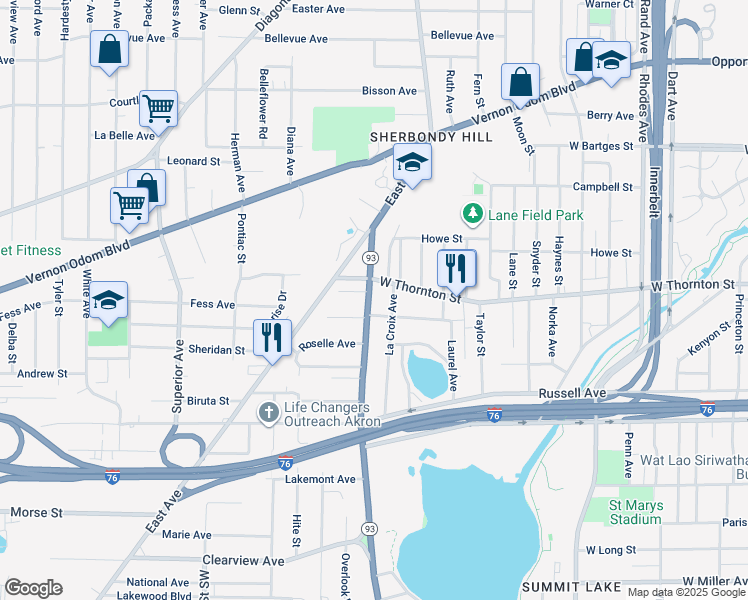 map of restaurants, bars, coffee shops, grocery stores, and more near 1225 Manchester Road in Akron