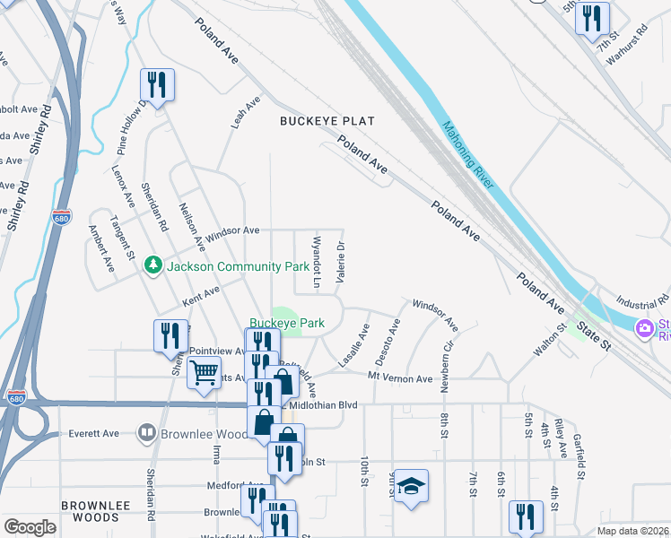 map of restaurants, bars, coffee shops, grocery stores, and more near 3582 Valerie Drive in Youngstown