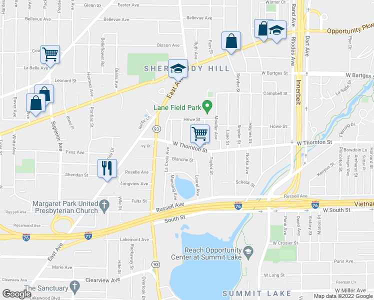 map of restaurants, bars, coffee shops, grocery stores, and more near 588 W Thornton St in Akron