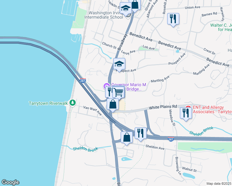 map of restaurants, bars, coffee shops, grocery stores, and more near 330 South Broadway in Tarrytown