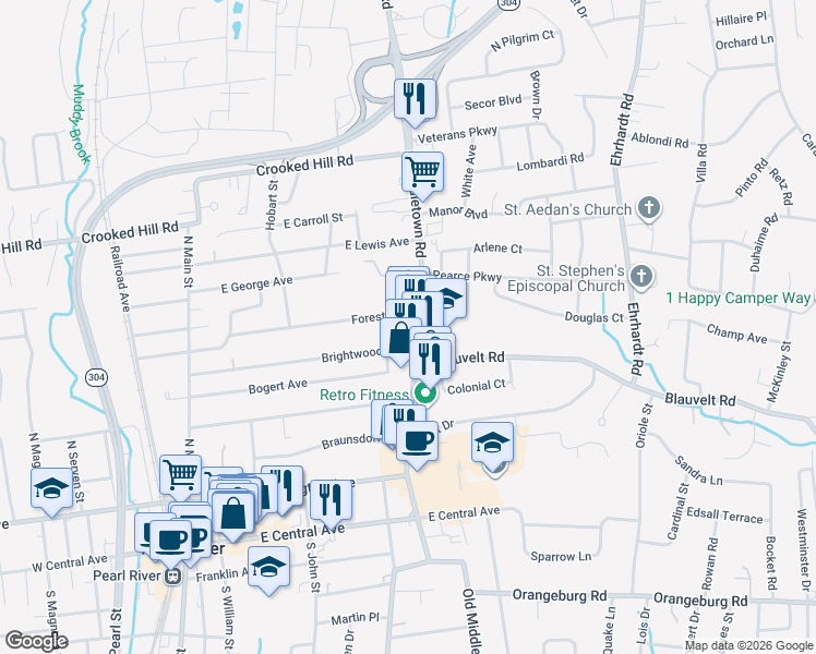map of restaurants, bars, coffee shops, grocery stores, and more near 165 North Middletown Road in Pearl River