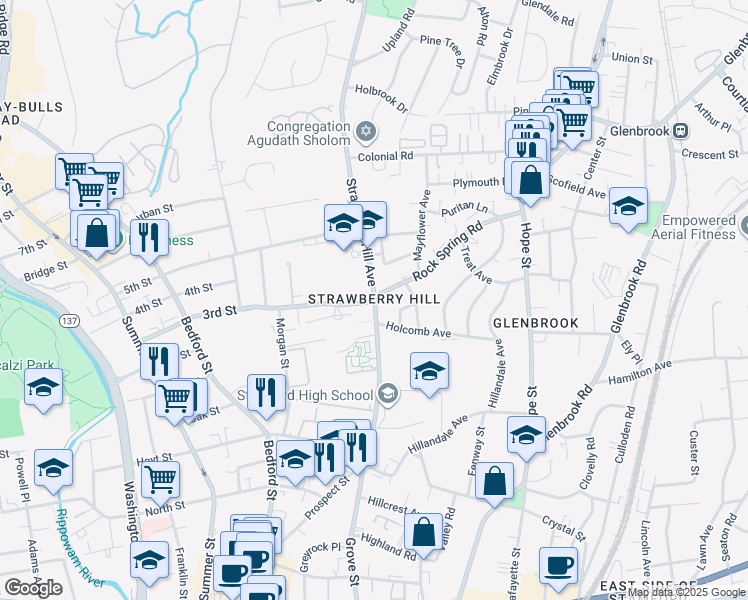 map of restaurants, bars, coffee shops, grocery stores, and more near 200 Strawberry Hill Avenue in Stamford