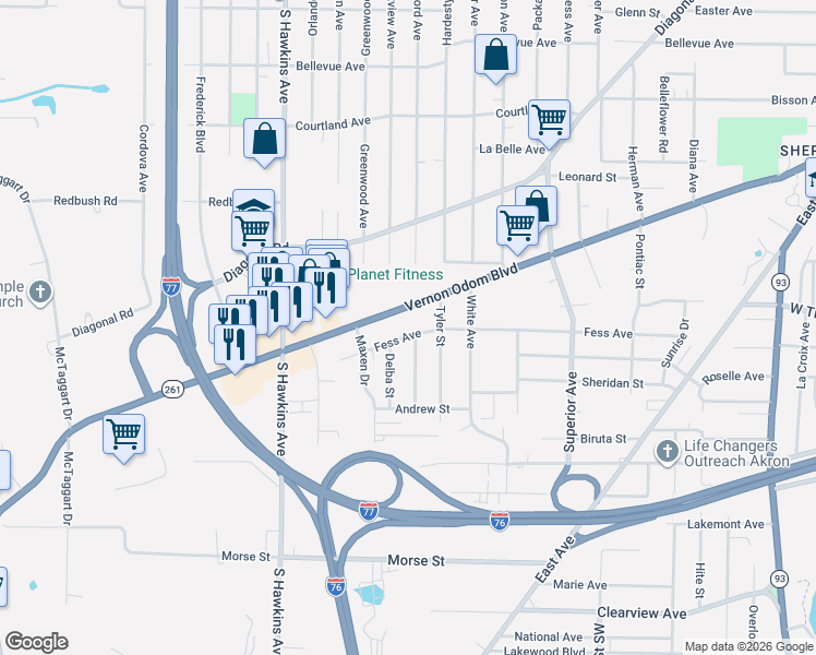 map of restaurants, bars, coffee shops, grocery stores, and more near 1091 Fess Avenue in Akron