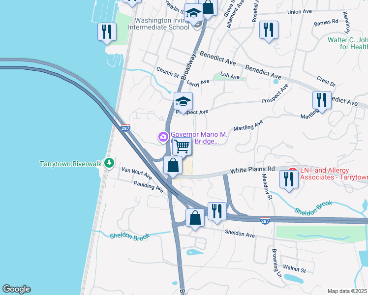 map of restaurants, bars, coffee shops, grocery stores, and more near 330 South Broadway in Tarrytown