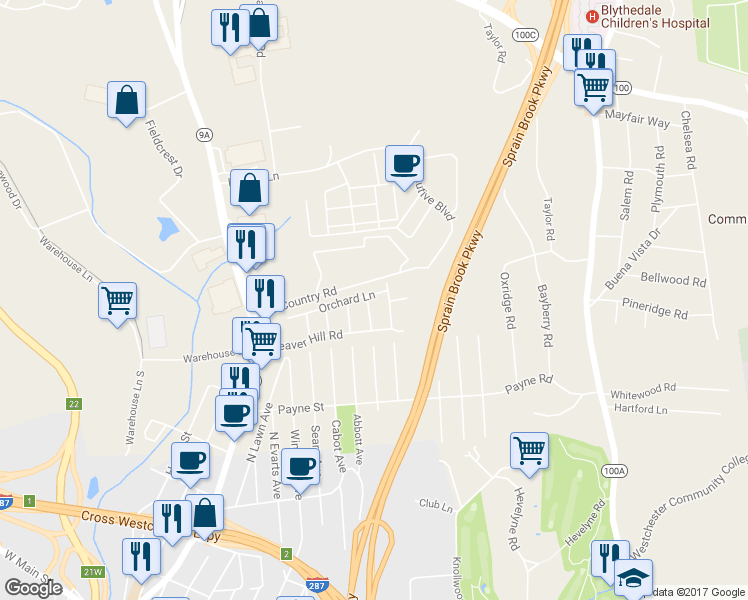map of restaurants, bars, coffee shops, grocery stores, and more near 11 Hillview Place in Elmsford