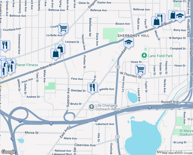 map of restaurants, bars, coffee shops, grocery stores, and more near 1285 Sunrise Drive in Akron