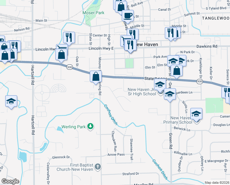 map of restaurants, bars, coffee shops, grocery stores, and more near 9412 Vista Park Dr in New Haven
