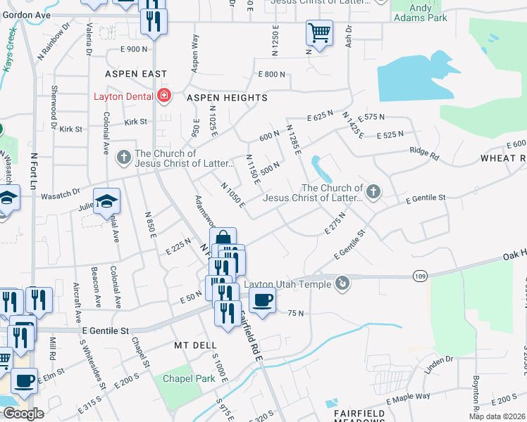 map of restaurants, bars, coffee shops, grocery stores, and more near 1213 Saint Joseph Street in Kaysville