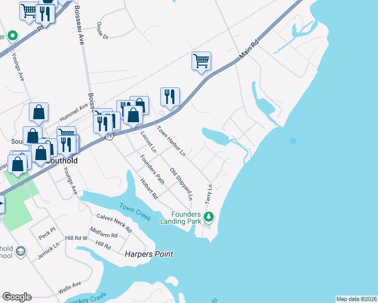 map of restaurants, bars, coffee shops, grocery stores, and more near 1105 Town Harbor Lane in Southold
