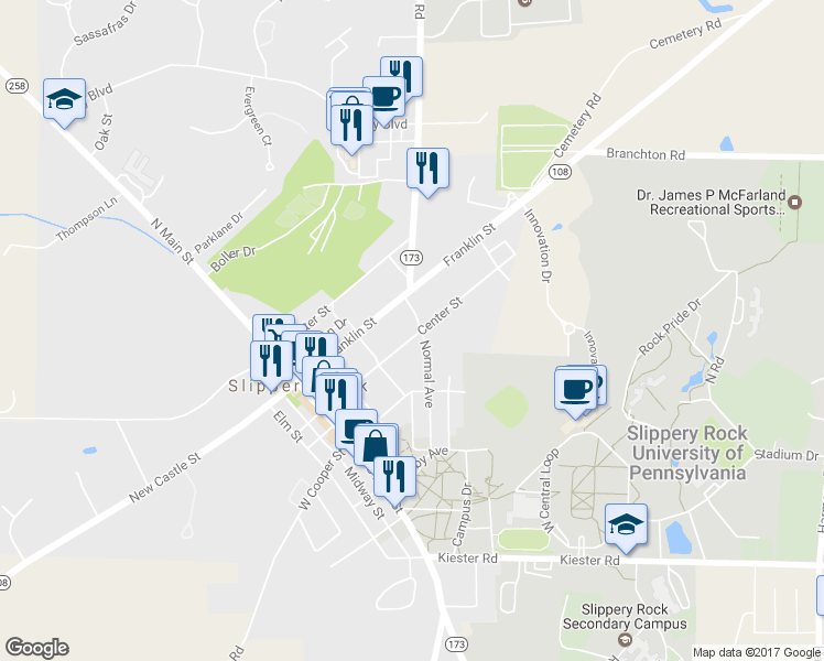 map of restaurants, bars, coffee shops, grocery stores, and more near 339 Center Street in Slippery Rock