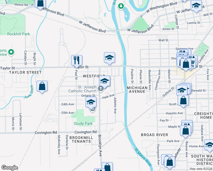map of restaurants, bars, coffee shops, grocery stores, and more near 1901 Eby Avenue in Fort Wayne