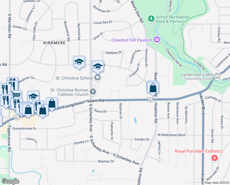 map of restaurants, bars, coffee shops, grocery stores, and more near 2212 Canfield Road in Youngstown