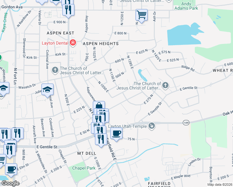 map of restaurants, bars, coffee shops, grocery stores, and more near 1213 Saint Joseph Street in Kaysville