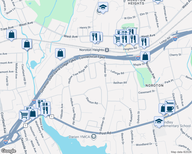 map of restaurants, bars, coffee shops, grocery stores, and more near 19 Walmsley Road in Darien
