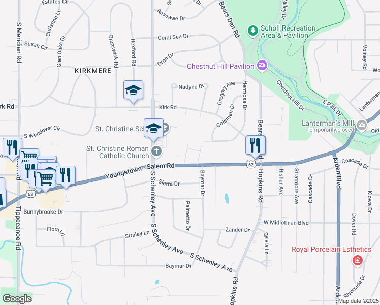 map of restaurants, bars, coffee shops, grocery stores, and more near 2212 Canfield Road in Youngstown