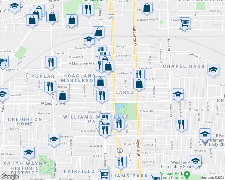 map of restaurants, bars, coffee shops, grocery stores, and more near 123 East Dewald Street in Fort Wayne