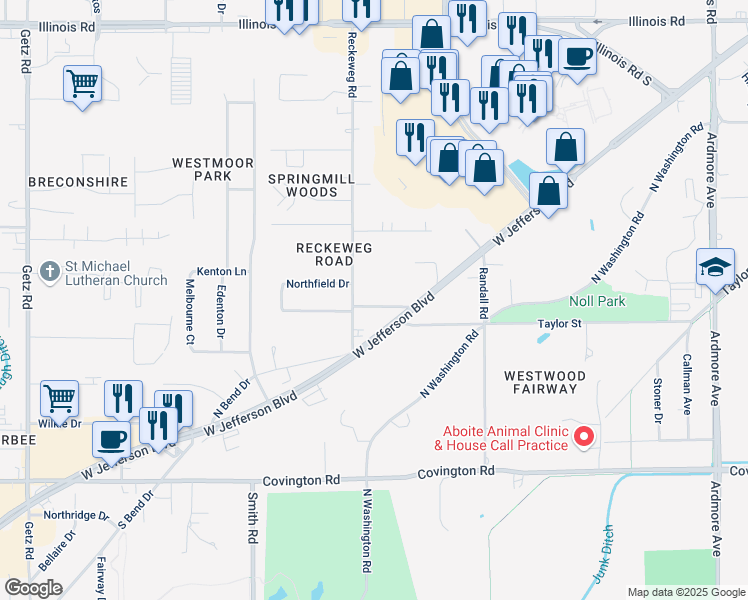 map of restaurants, bars, coffee shops, grocery stores, and more near 4814 Palatine Drive in Fort Wayne