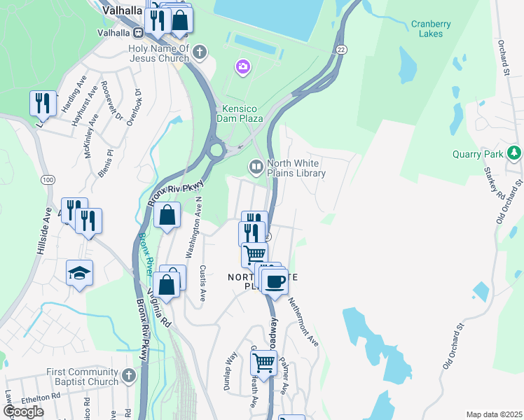 map of restaurants, bars, coffee shops, grocery stores, and more near 977 North Broadway in White Plains