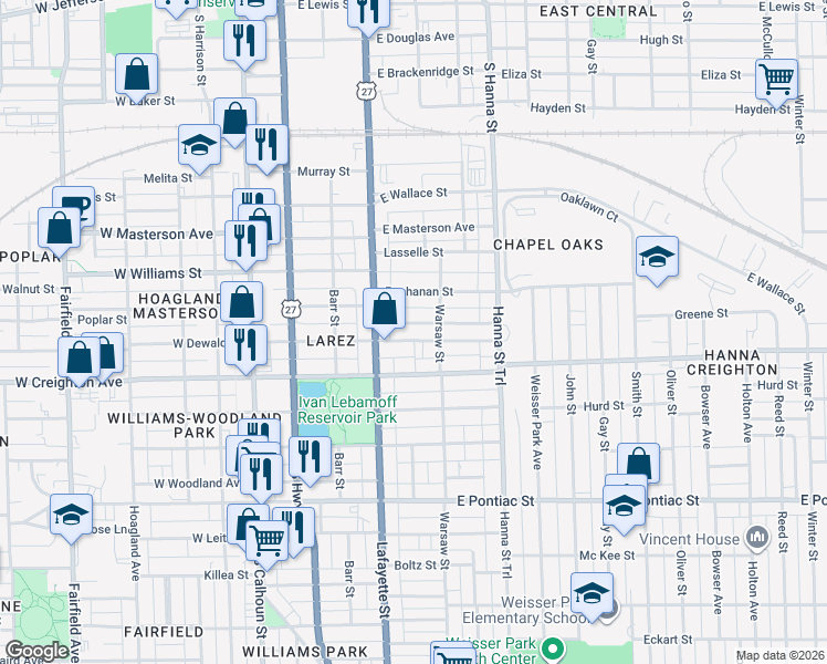 map of restaurants, bars, coffee shops, grocery stores, and more near 419 East Dewald Street in Fort Wayne