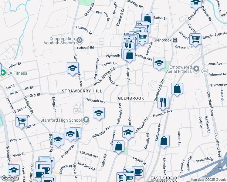 map of restaurants, bars, coffee shops, grocery stores, and more near 20 Cowan Avenue in Stamford