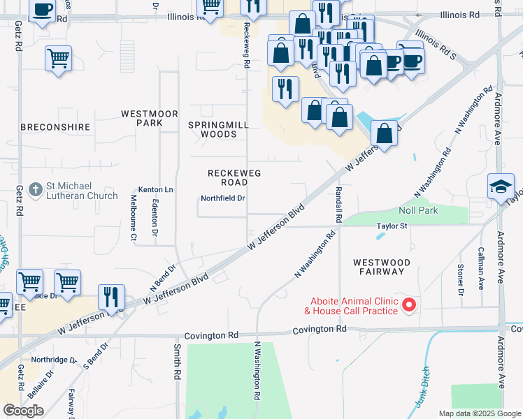 map of restaurants, bars, coffee shops, grocery stores, and more near 4814 Palatine Drive in Fort Wayne