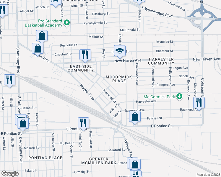 map of restaurants, bars, coffee shops, grocery stores, and more near 2906 McCormick Avenue in Fort Wayne