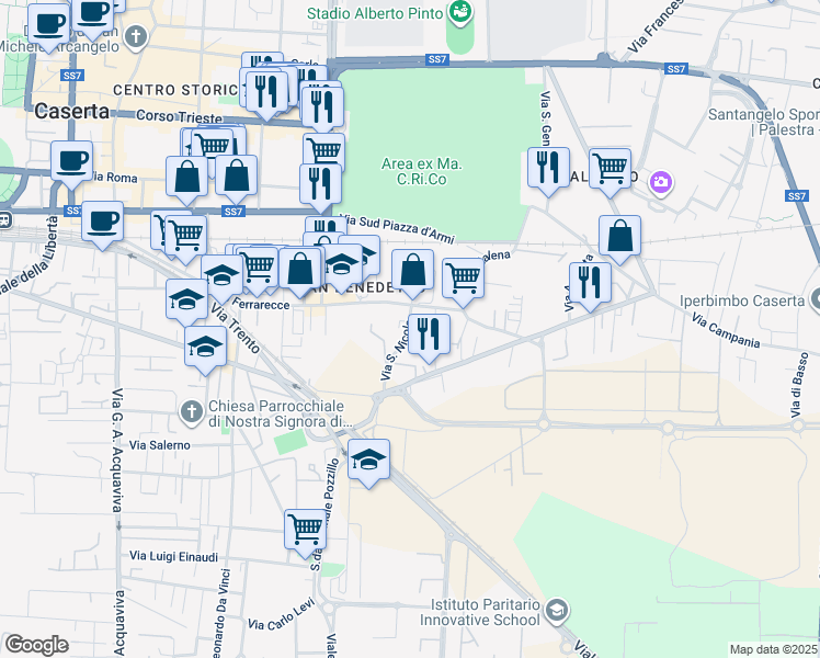 map of restaurants, bars, coffee shops, grocery stores, and more near 25 Via San Nicola in Caserta