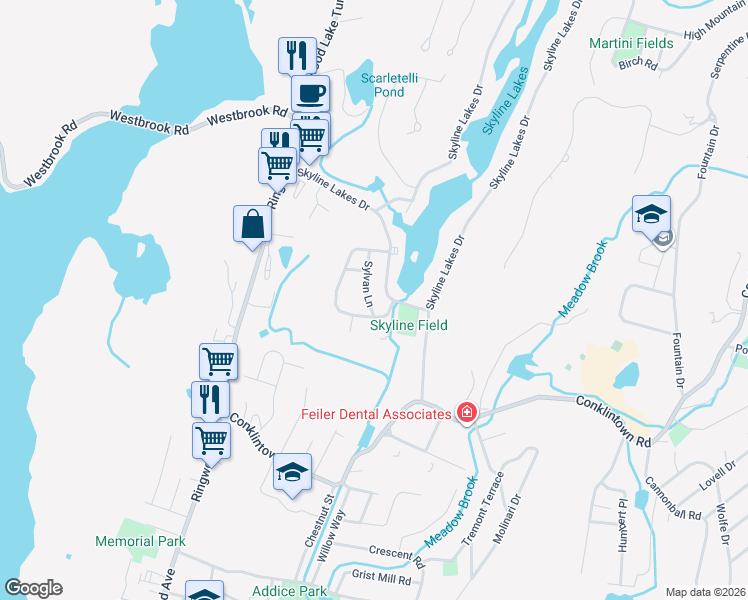 map of restaurants, bars, coffee shops, grocery stores, and more near 24 Sylvan Lane in Ringwood