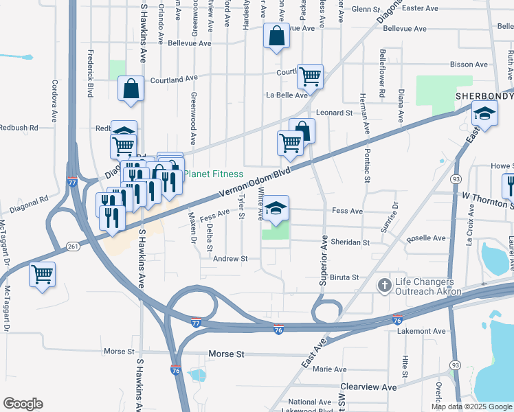 map of restaurants, bars, coffee shops, grocery stores, and more near 1478 White Avenue in Akron
