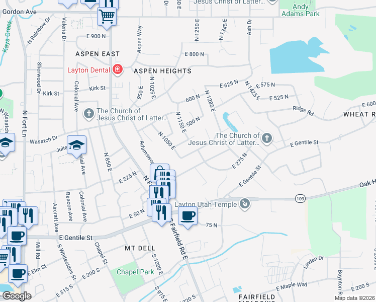 map of restaurants, bars, coffee shops, grocery stores, and more near 1213 Saint Joseph Street in Kaysville