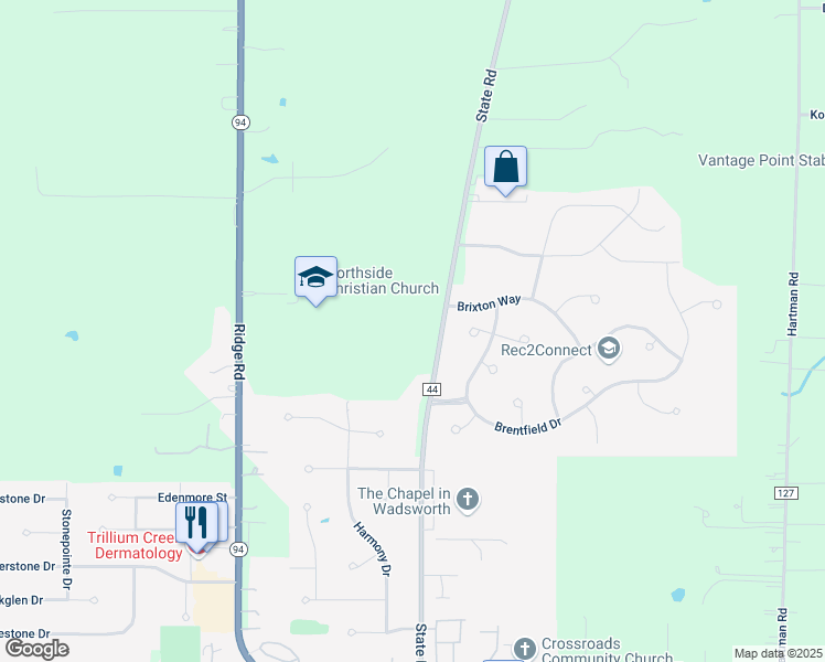 map of restaurants, bars, coffee shops, grocery stores, and more near 7680 State Road in Wadsworth