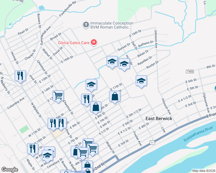map of restaurants, bars, coffee shops, grocery stores, and more near 1099 Fowler Ave in Berwick