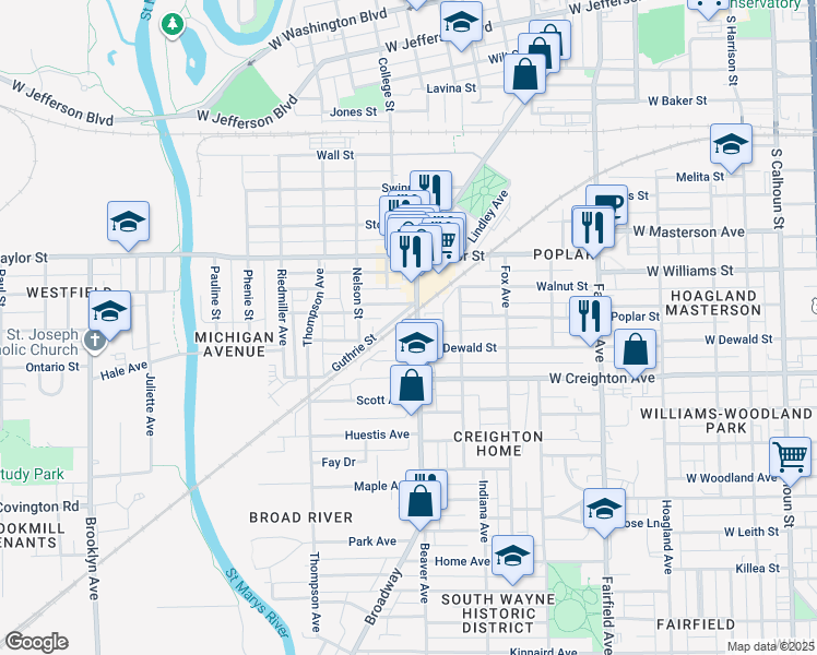 map of restaurants, bars, coffee shops, grocery stores, and more near 2125 Broadway in Fort Wayne