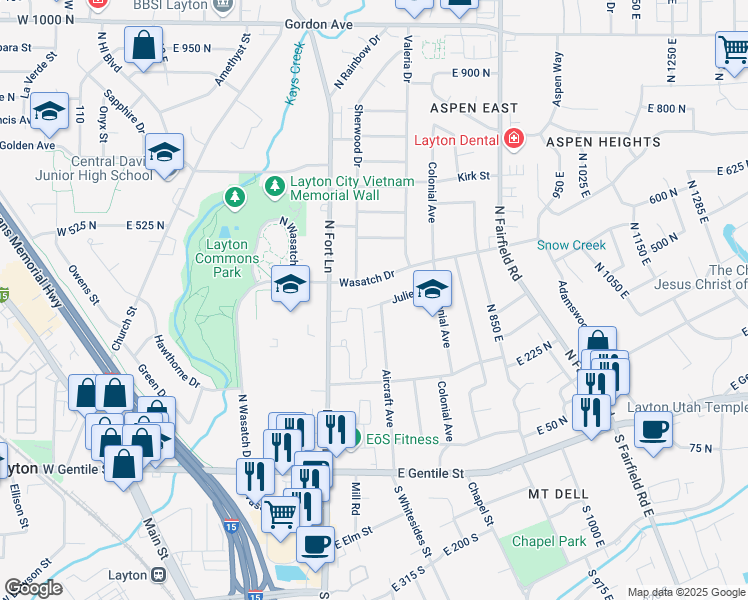 map of restaurants, bars, coffee shops, grocery stores, and more near 573 Julie Drive in Layton