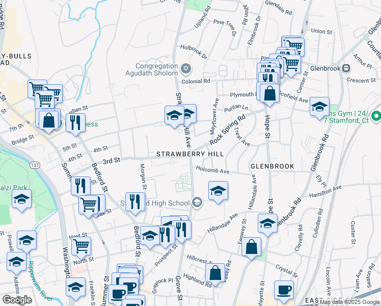 map of restaurants, bars, coffee shops, grocery stores, and more near 1 Strawberry Hill Court in Stamford