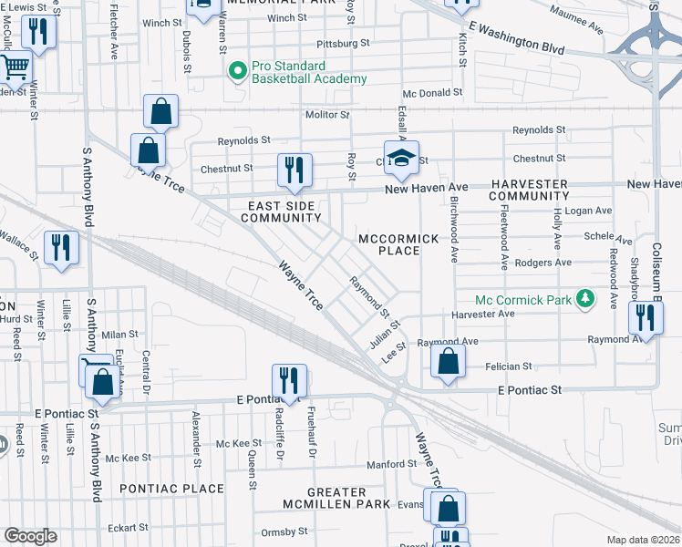map of restaurants, bars, coffee shops, grocery stores, and more near 2726 Raymond Street in Fort Wayne