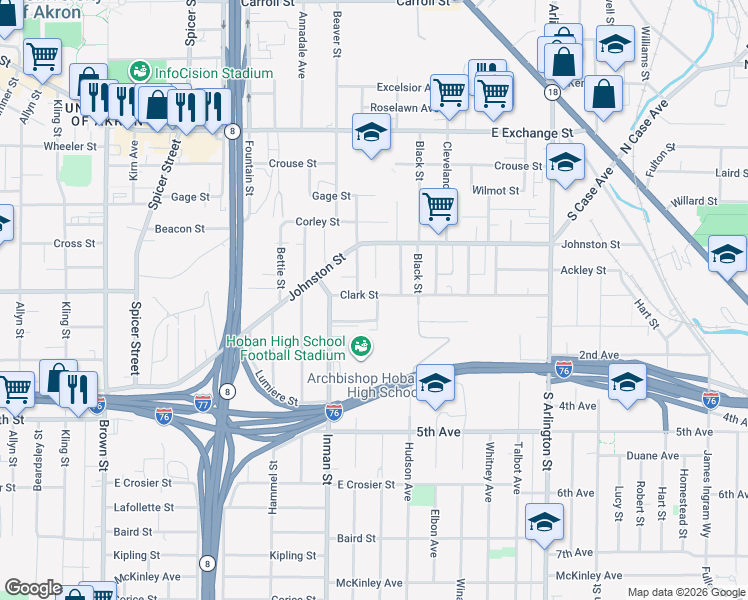 map of restaurants, bars, coffee shops, grocery stores, and more near 878 Clark Street in Akron