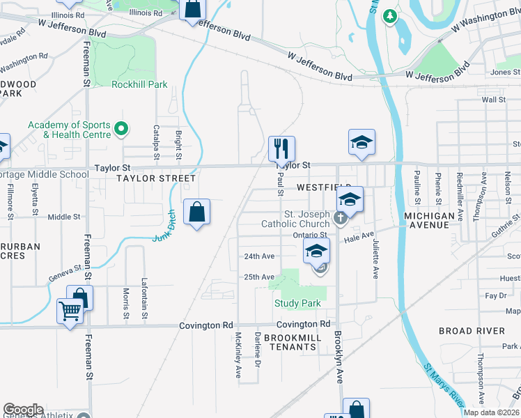 map of restaurants, bars, coffee shops, grocery stores, and more near 2234 Eby Avenue in Fort Wayne