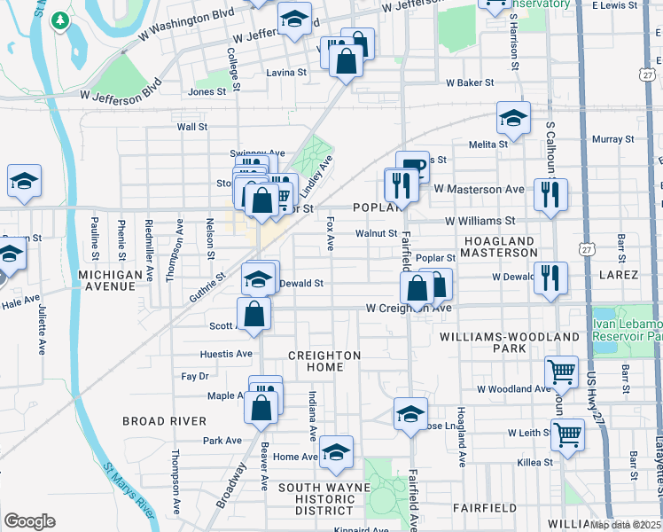 map of restaurants, bars, coffee shops, grocery stores, and more near 2138 Fox Avenue in Fort Wayne